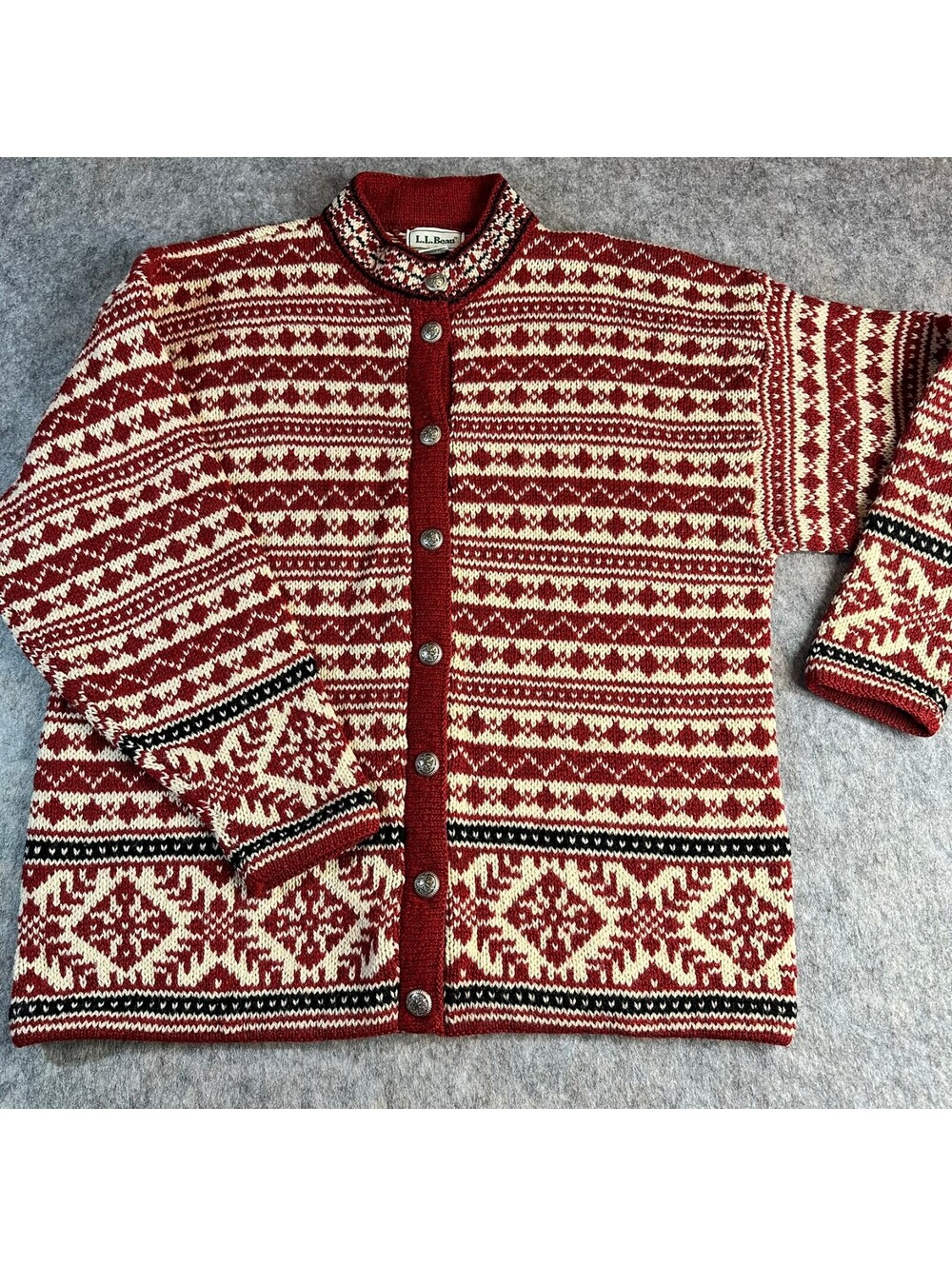 Vintage L.L. Bean Red Nordic Fair Isle Pewter Button Wool Cardigan Sweater Sz L